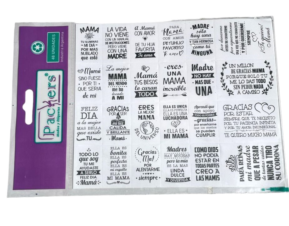 ETIQUETAS ADHESIVAS FRASES DIA DE LA MADRE x 48 u.